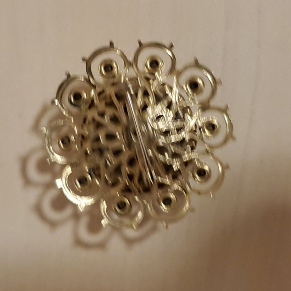 Faux Pearl Brooch with Smoky Gray Rhinestones in Ornate Gold Setting - Picture 2 of 3